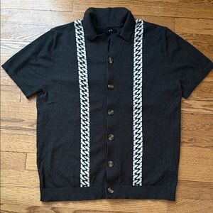Men's Black button -Up sweater Shirt with White Accents